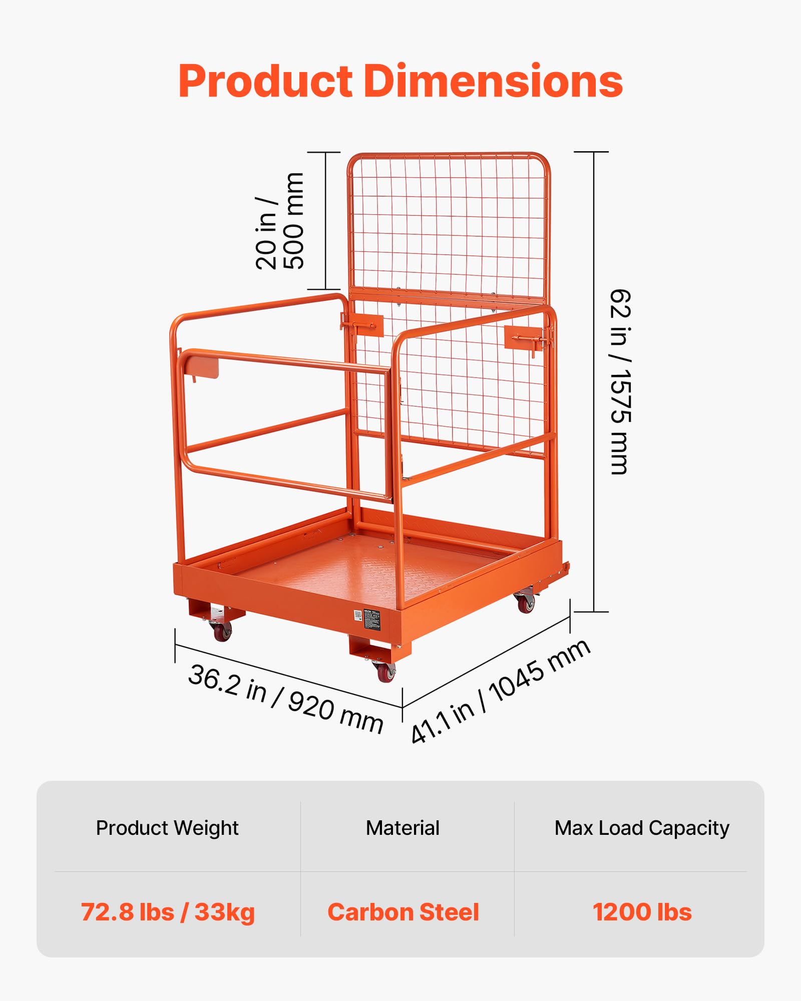 VEVOR Jaula de Seguridad para Montacargas 920 x 1045 mm, Capacidad de 544 kg, con 4 Ruedas, Plataforma de Trabajo con Panel de Malla de Acero al Carbono para Trabajo en Altura y Carretilla Elevadora