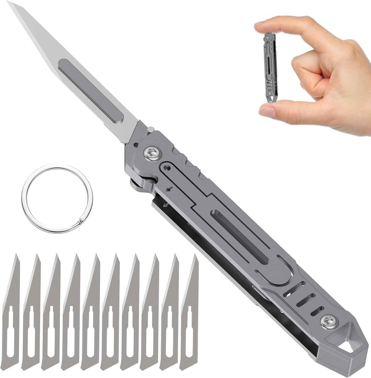 Folding Scalpel Knife-Small Keychain Knife Compact EDC Tool with 11 Replaceable Scalpel Blades-Stainless Steel Pocket Cutter for Packages,Boxes,Ropes&Crafts