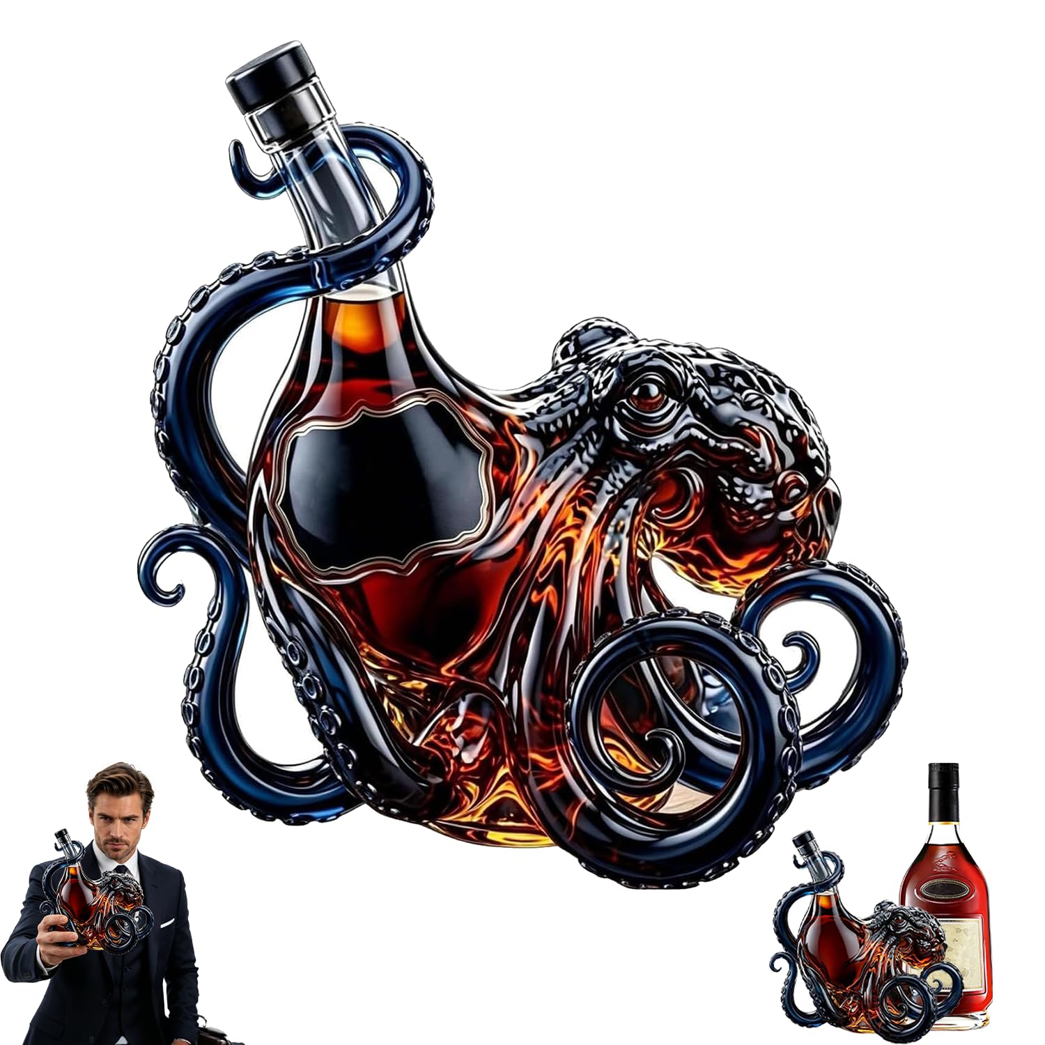Kr-Ken Rum Octopus Glass Bottle 3D Sculpted 350ml Octopus Shaped Empty Wine Whiskey Decanter Artistic Deep Sea The Kr-Ken Octopus-Shaped Liquor Bottles Decor Gifts for Home Bar (Blue Tentacles)