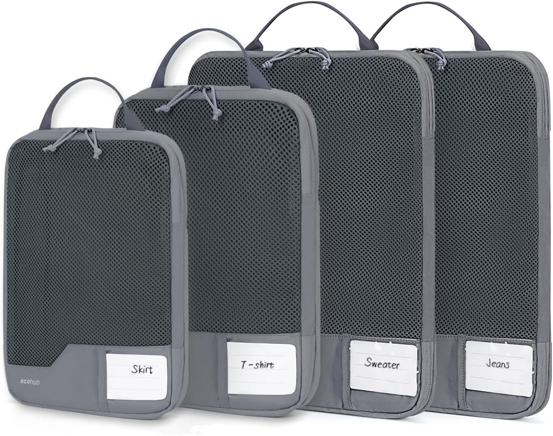 ECOHUB 4 Pieces Travel Compression Bag Organizer Storage Suitcase Organizer Airy Mesh Packing Cubes SBS Zipper with Handwritten Cards Transparent Display
