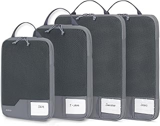 ECOHUB 4-Teilige Kompression Koffer Organizer, Packing Cubes mit Tag, Recycelten Packwürfel Set für Rucksack & Koffer, Maschenverstärkung Packtaschen für Koffer, Reise Organizer, Patent Anhängig(Grau)