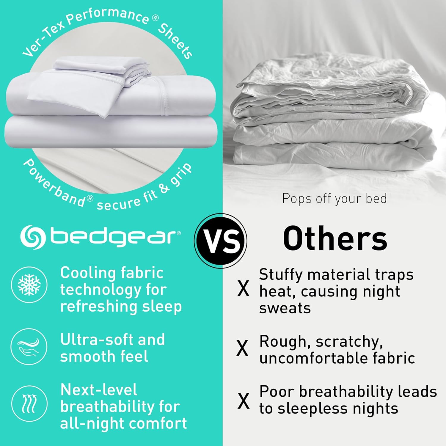 Bedgear Ver-Tex Sheet Set – Cooling Bed Sheets, Ultra-Soft Feel, Powerband Secure Fit – Fitted Sheet, Flat Sheet, 2 Pillowcases – Cool, Breathable Comfortable Bedding, King/Cal King, Bright White - Image 3