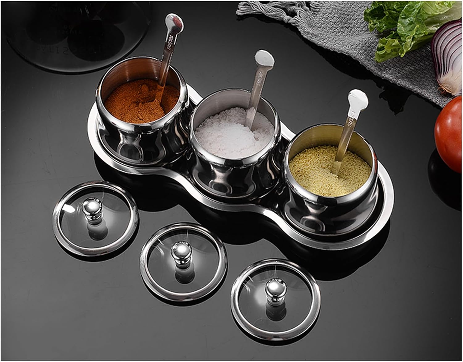 Tenta Tenta Kitchen 18/8 Stainless Steel Seasoning Box Condiment Jar Set Spice Jar Spice Rack Condiment Cruet Bottle Salt Pepper Sugar Storage Organizers with 3 Serving Spoons (Glass Lids)
