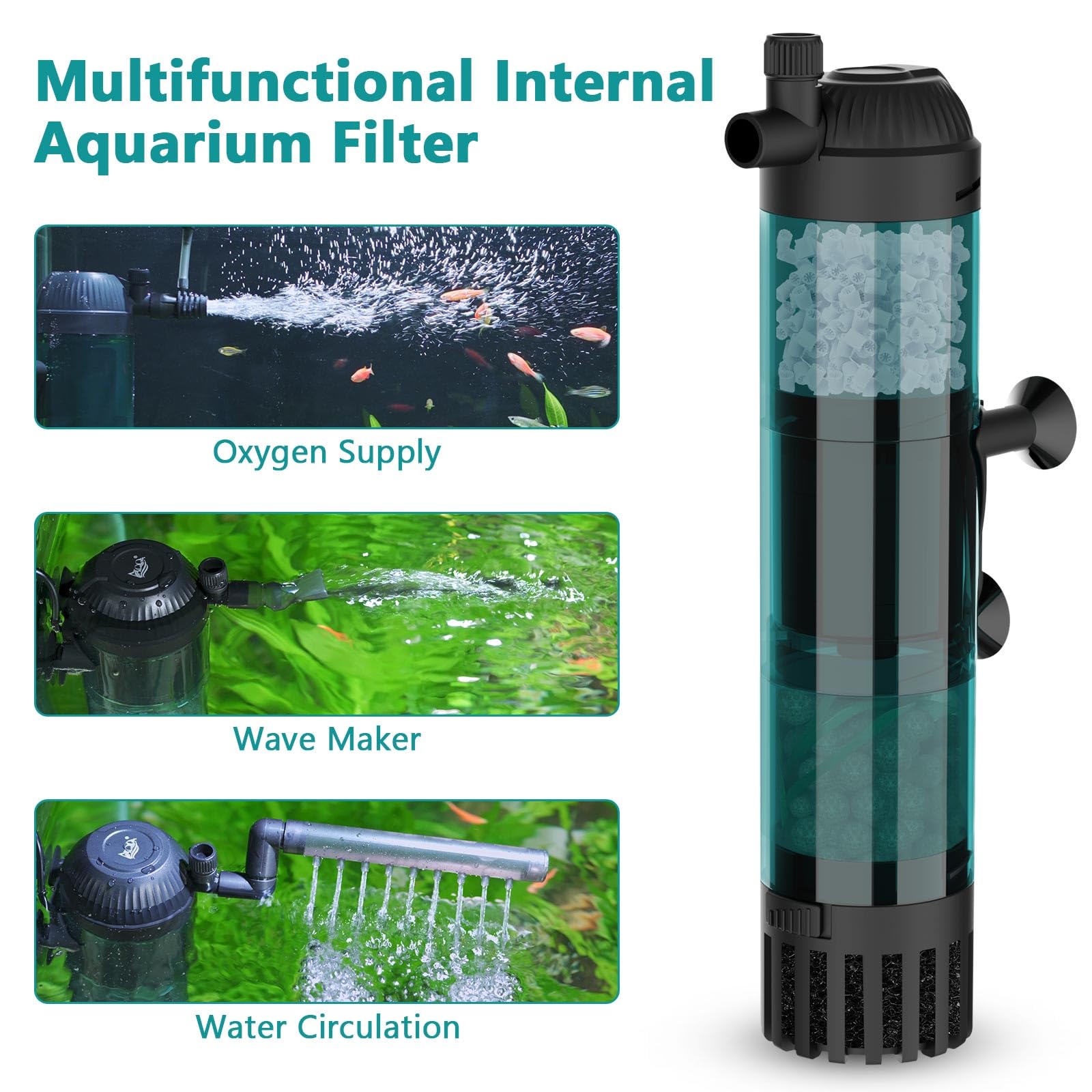 AQQA Aquariumfilter, 600 l/h, starker Durchfluss, 8 W, leise Aquarium-Filterpumpe mit 3-stufiger Filtration für Tanks bis zu 200 l