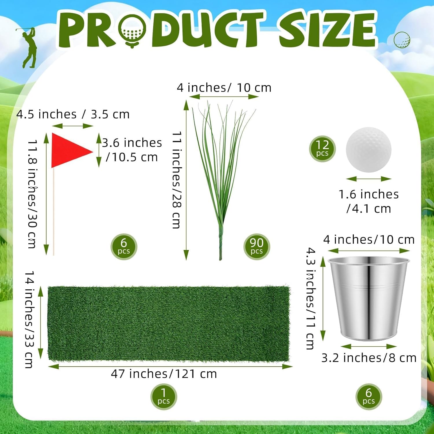 6 Set Golf Party Table Decoration Include 1 Artificial Turf Table Runner 12 Mini Balls 6 Flags 6 Bucket 90 Faux Grass Centerpieces for Golf Masters Party Sport Themed Birthday DIY Decor Favors