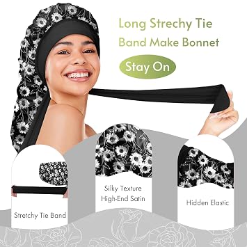 BONNET QUEEN Braid Bonnet Silk Bonnet Foldable Extra Long Wrap for Braids Satin Bonnets with Tie Band Long Sleep Cap, Sunflower