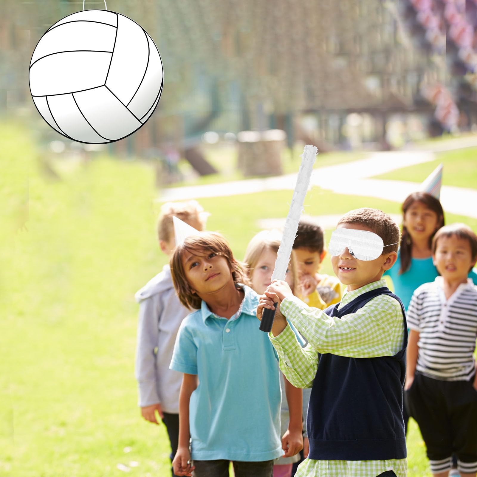 Pasimy Piñata de voleibol para fiesta de cumpleaños de 15.6 x 15.6 pulgadas, piñata de fiesta temática deportiva con palo y venda para los ojos, piñata de voleibol, suministros de fiesta de cumpleaños
