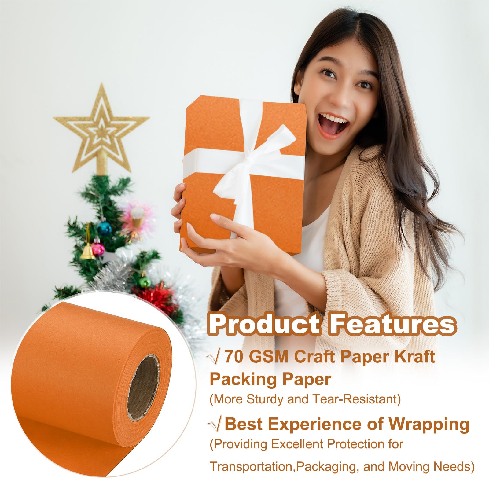 PATIKIL Wrapping Paper, 12" x 500"(42') 70 GSM Craft Paper Roll Kraft Packing Paper for Poster Bulletin Board Gift Wrapping, Orange - Image 3