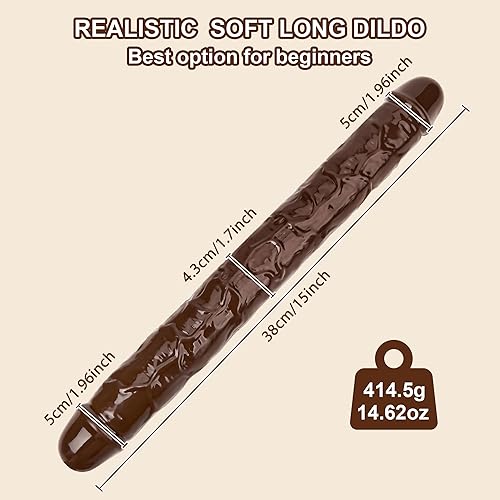 Miniatura 4 de Consolador doble de 15 x 1.7 pulgadas, gelatina de cristal realista, consolador largo anal, suave y flexible, con venas y glande para adultos