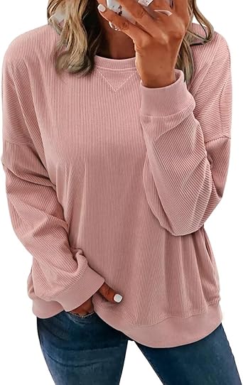 KISSMODA Womens Casual Long Sleeve Sweatshirts Color Block/Solid Tops Corduroy Crewneck Tunic Pullover with Pockets