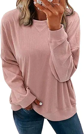KISSMODA Womens Casual Long Sleeve Sweatshirts Color Block/Solid Tops Corduroy Crewneck Tunic Pullover with Pockets