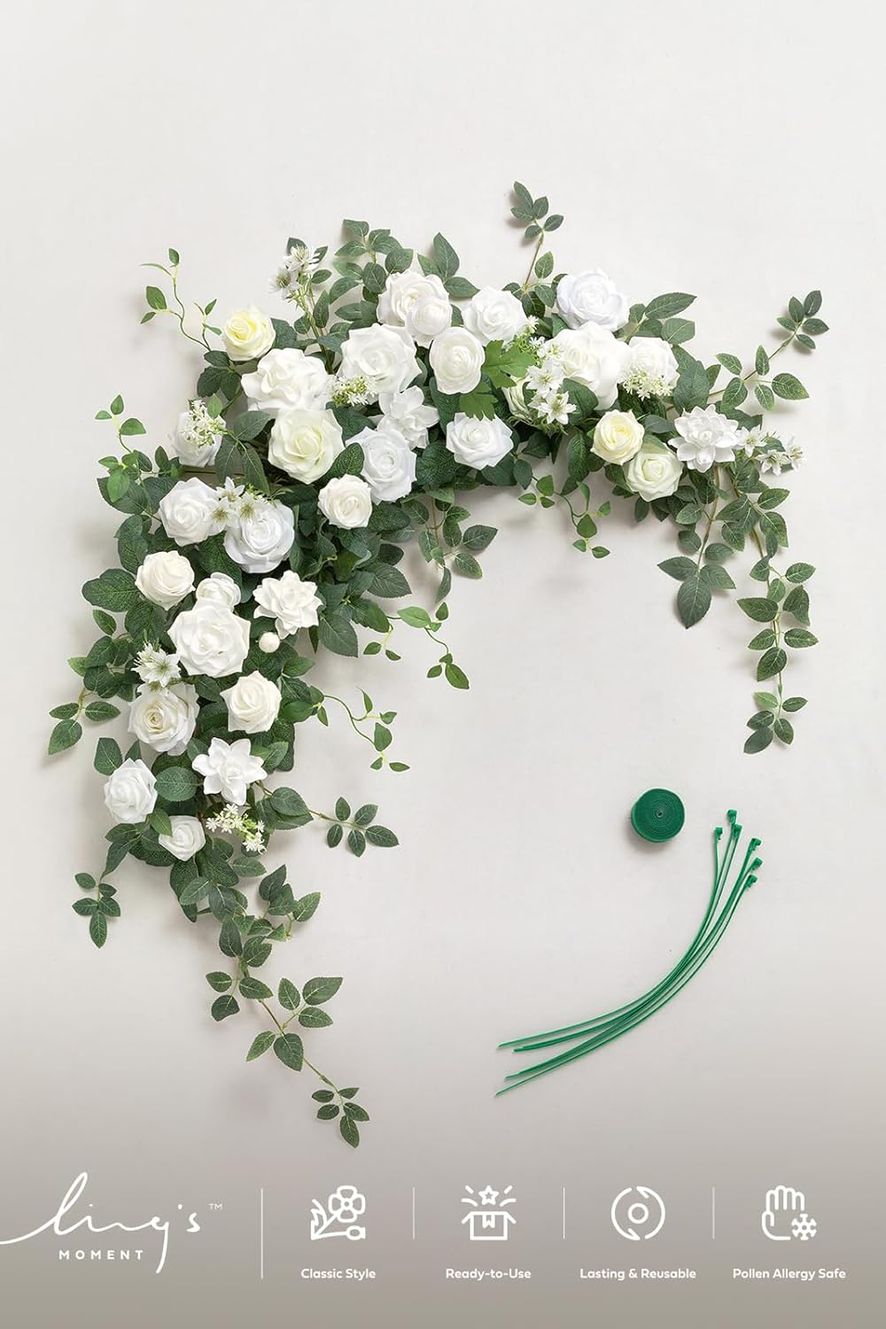 Ling's moment Wedding Arch Flowers - 6.5FT Floral Garland for Ceremony Arbor Backdrop Decoration - Artificial Rose Floral Swag for Sweetheart Table Birthday Party, Baby Shower, White Green
