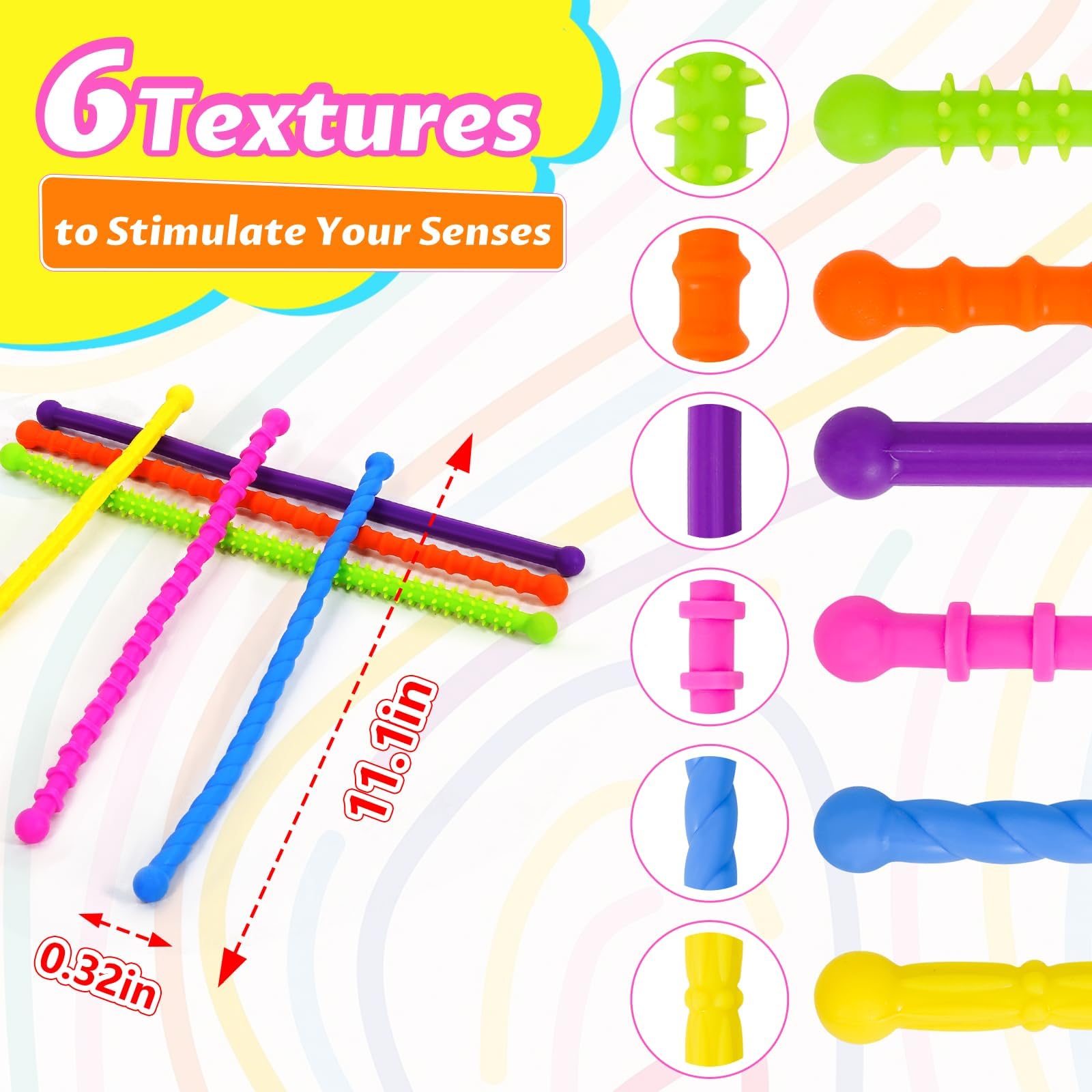 Bambebe 6 Pack Fidget Toys Sensory Stick: Textured Calming Sensory Toys for Autism Kids Anxiety Relief Fidgets for Classroom Student Travel Activities Essential Fidget Toy(Soft without metal) - Image 2