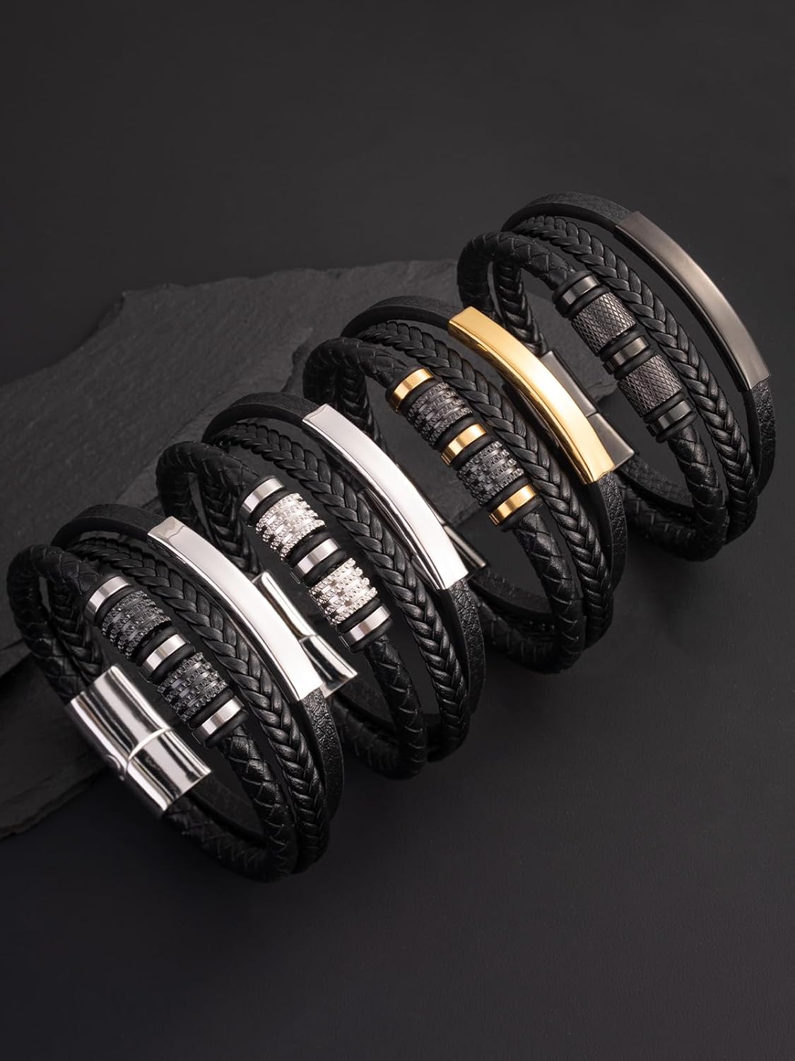 Men’s Leather Bracelet with 316L Stainless Steel Buckle – Braided Multi‑Layer Wristband Cuff Gift for Men Black/Gold Plated/White Gold Plated Size 8.3″/9″ - Image 5
