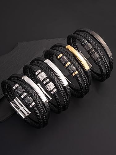 Miniatura 4 de Pulsera de cuero para hombre con hebilla de acero inoxidable 316L Pulsera trenzada multicapa Regalo para hombres NegroChapado en OroBlanco Chapado