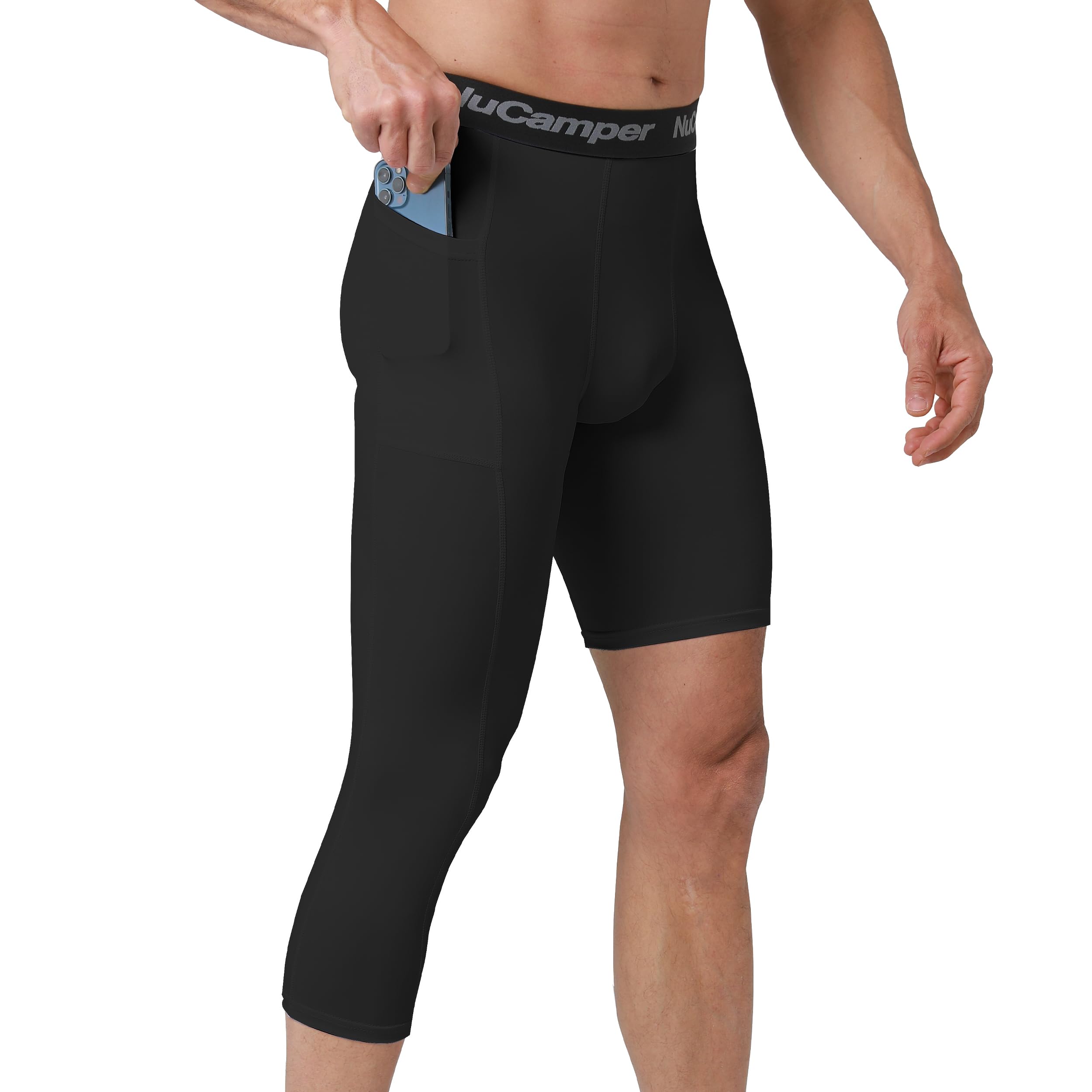 NuCamper Pantalones de Compresión 3/4 Hombre Baloncesto Capa Base Bolsillos Mallas Secado Rápido Transpirables Leggings Correr