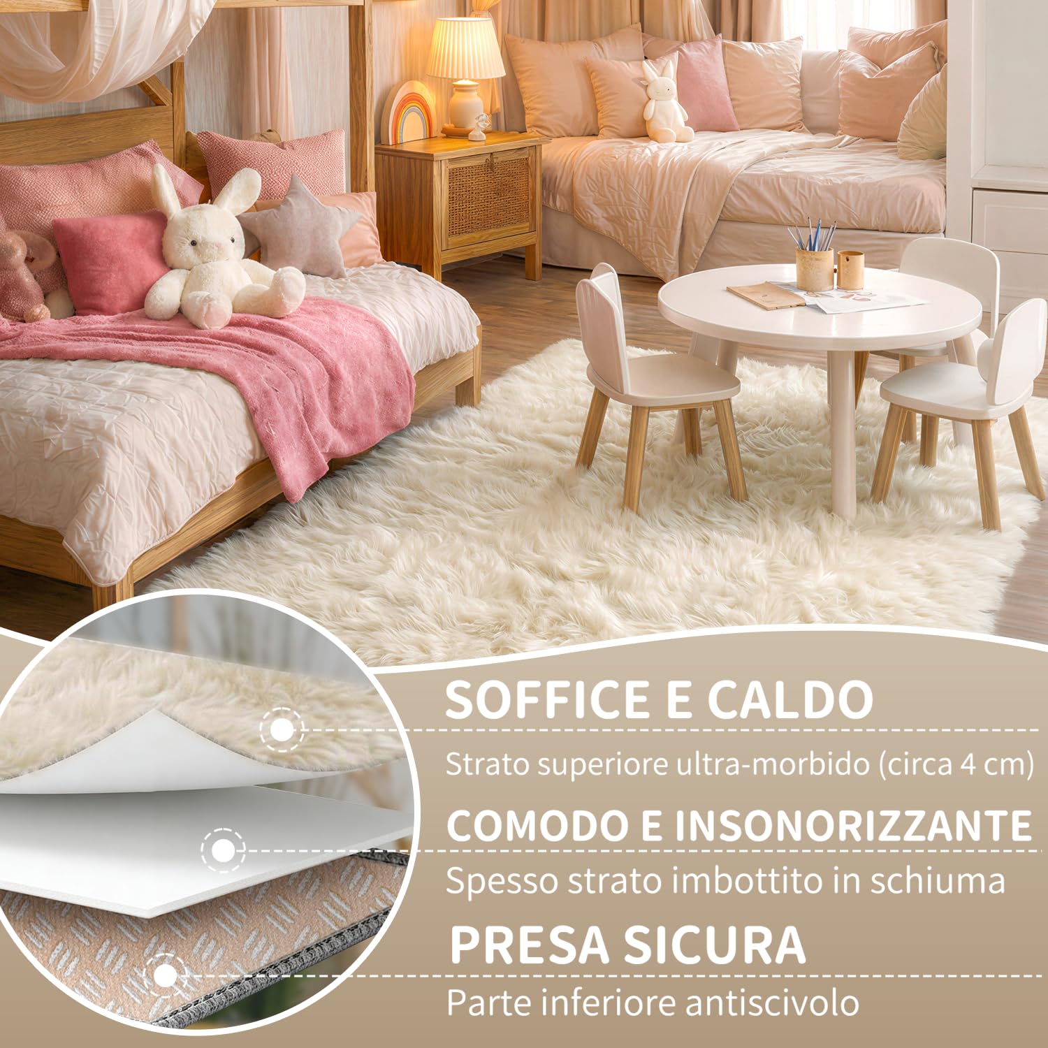 Tappeto per Soggiorno Moderno 200x300 cm Crema, Morbido a Pelo Lungo, Lavabile a Mano e Antiscivolo, Formato Maxi, Ideale anche per Camera da Letto | pelo lungo, lavabile, certificato Oeko-Tex, schiuma 35D, per camera da letto, fondo antiscivolo, soffice