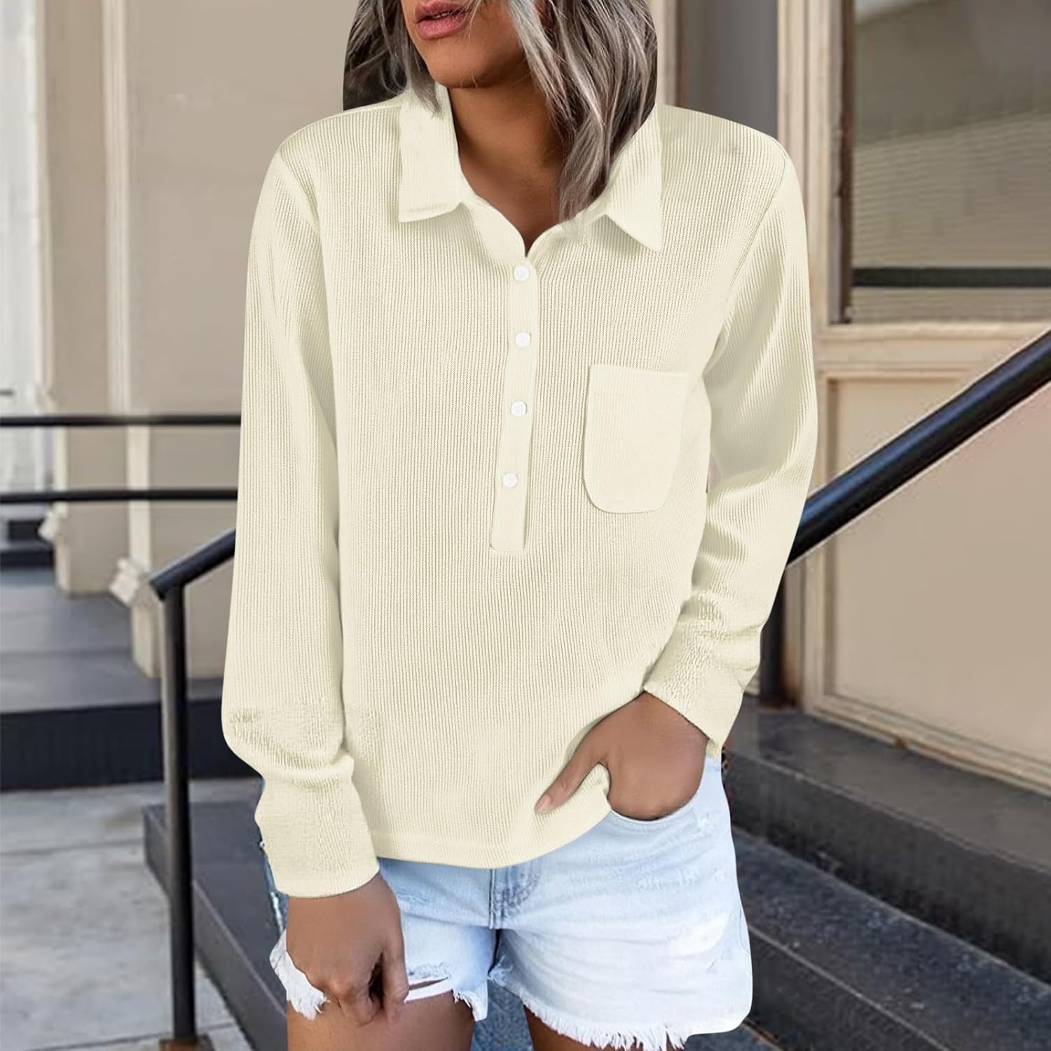 Womens Loose Fit Shirts Lapel V Neck Polo Pullover Sweaters Casual Basic Cable Knit Chunky Warm Cute Tops with Pocket