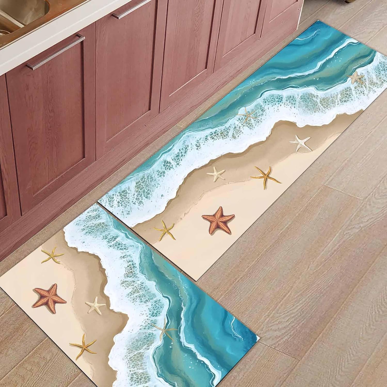 2 Pieces Kitchen Rugs and Mats,Nautical Ocean Sea Wave Starfish Area Runner Rug Set Non Slip Floor Doormat Washable Carpet Standing Mat for Kitchen Sink Indoor Corridor,Marine Life Beach Theme