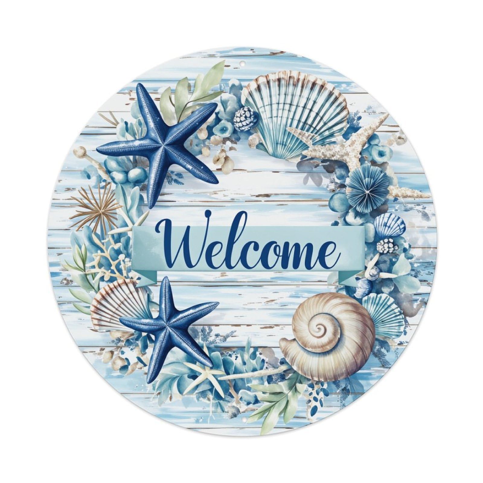 Seashell Starfish Coral Leaves Welcome Round Tin Sign Retro Metal Sign for Cafe Bar Pub Home Game Room Gym Club Wall Decoration Vintage Metal Poster 8x8 Inch