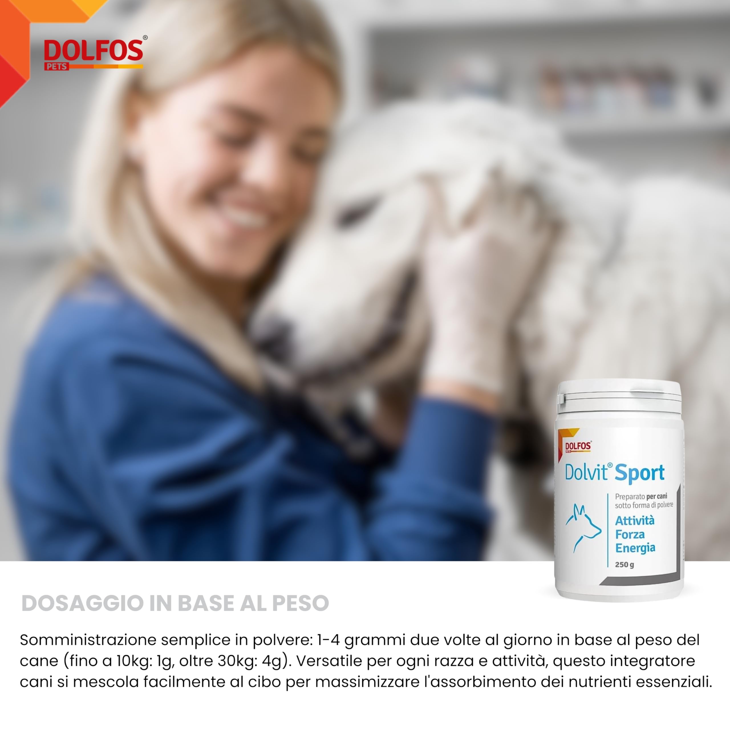 Dolvit Sport Integratore per Cani da Caccia, Sportivi o da Lavoro Multivitaminico - 250 Grammi Polvere - Consigliato per Dog Agility e Cani da soccorso