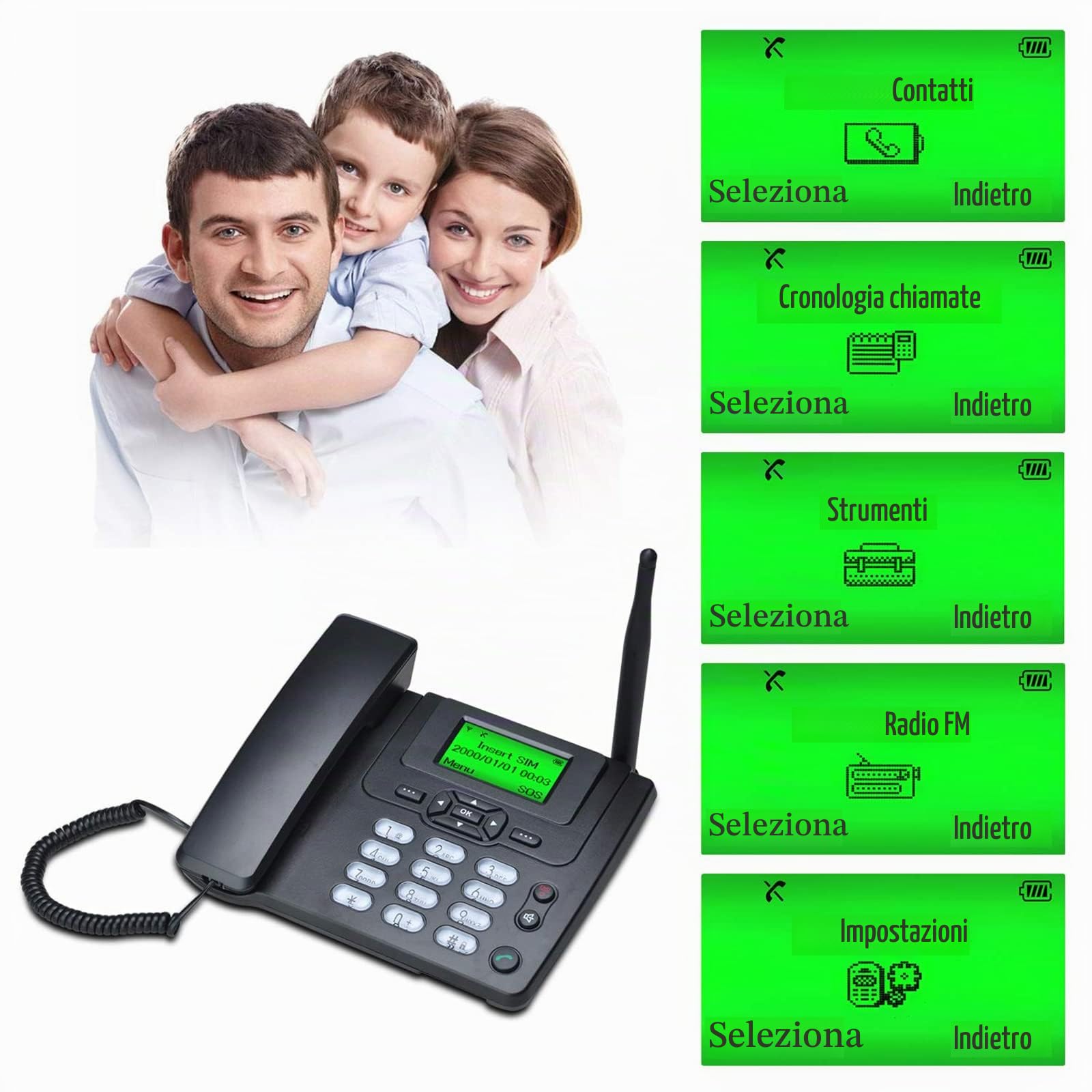Lychee Wireless SIM Card GSM Classico Telefono Fisso, Ampio Display, Clear Sound, Ideale per Casa/Hotel/Ufficione (Nero 01)