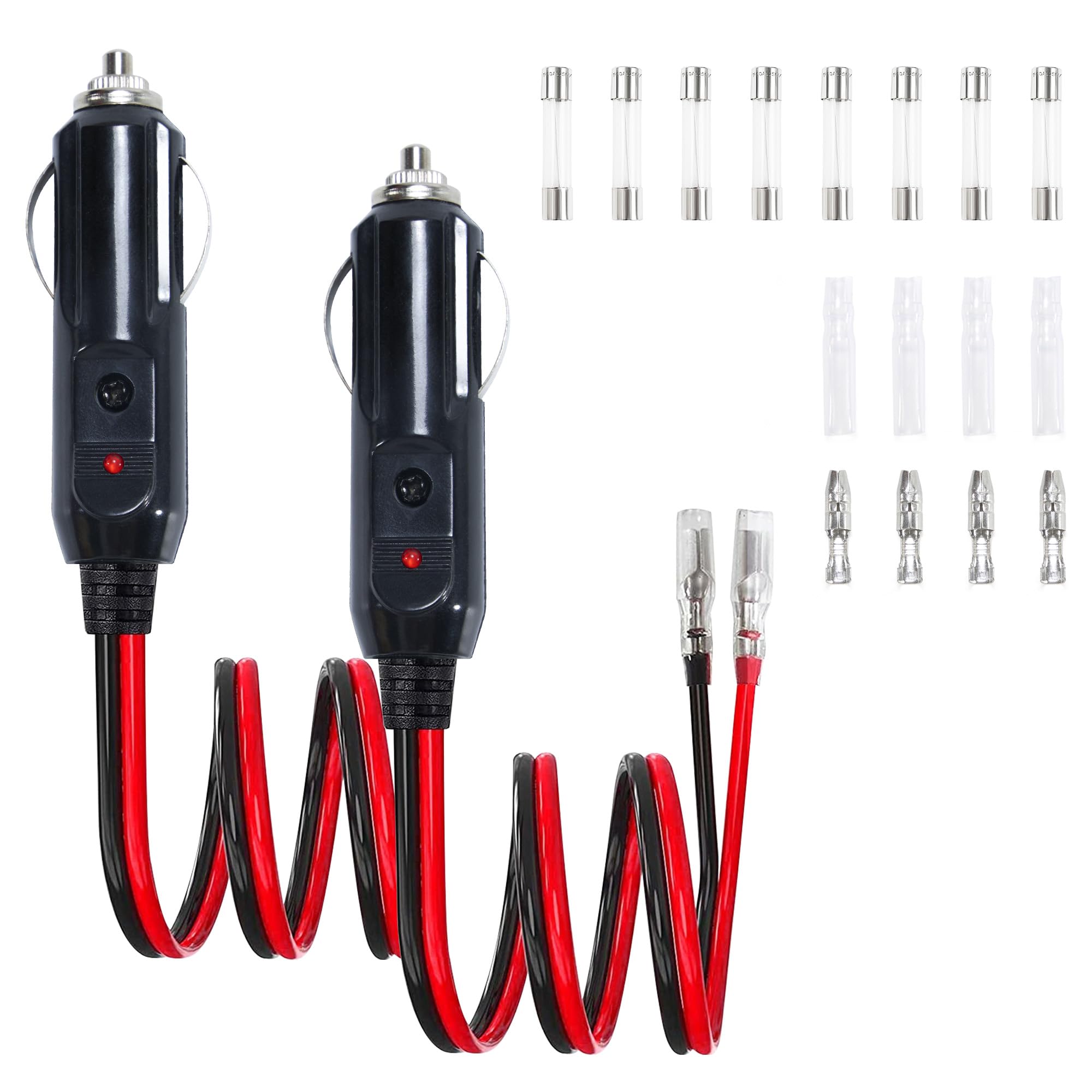 Elalove Zigarettenanzünder Stecker 12V/24V, 16AWG Kabel (15cm) mit 8 Sicherungen (10A/15A) – inkl. Zubehör für Auto, LKW, Wohnmobile