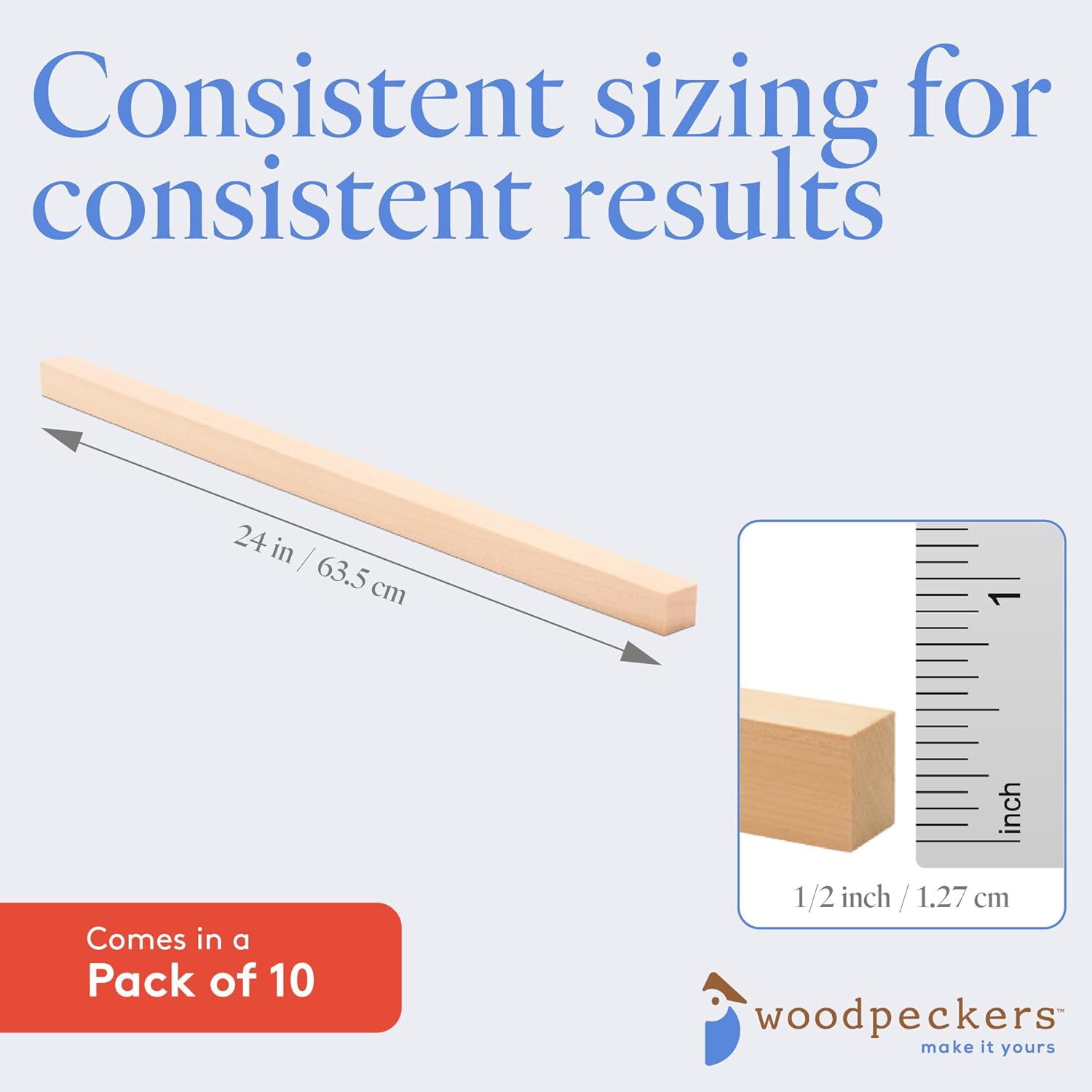 Wood Square Dowel Rods, 1/2-inch x 24, Pack of 10 Wooden Craft Sticks for Crafts and Woodworking, by Woodpeckers