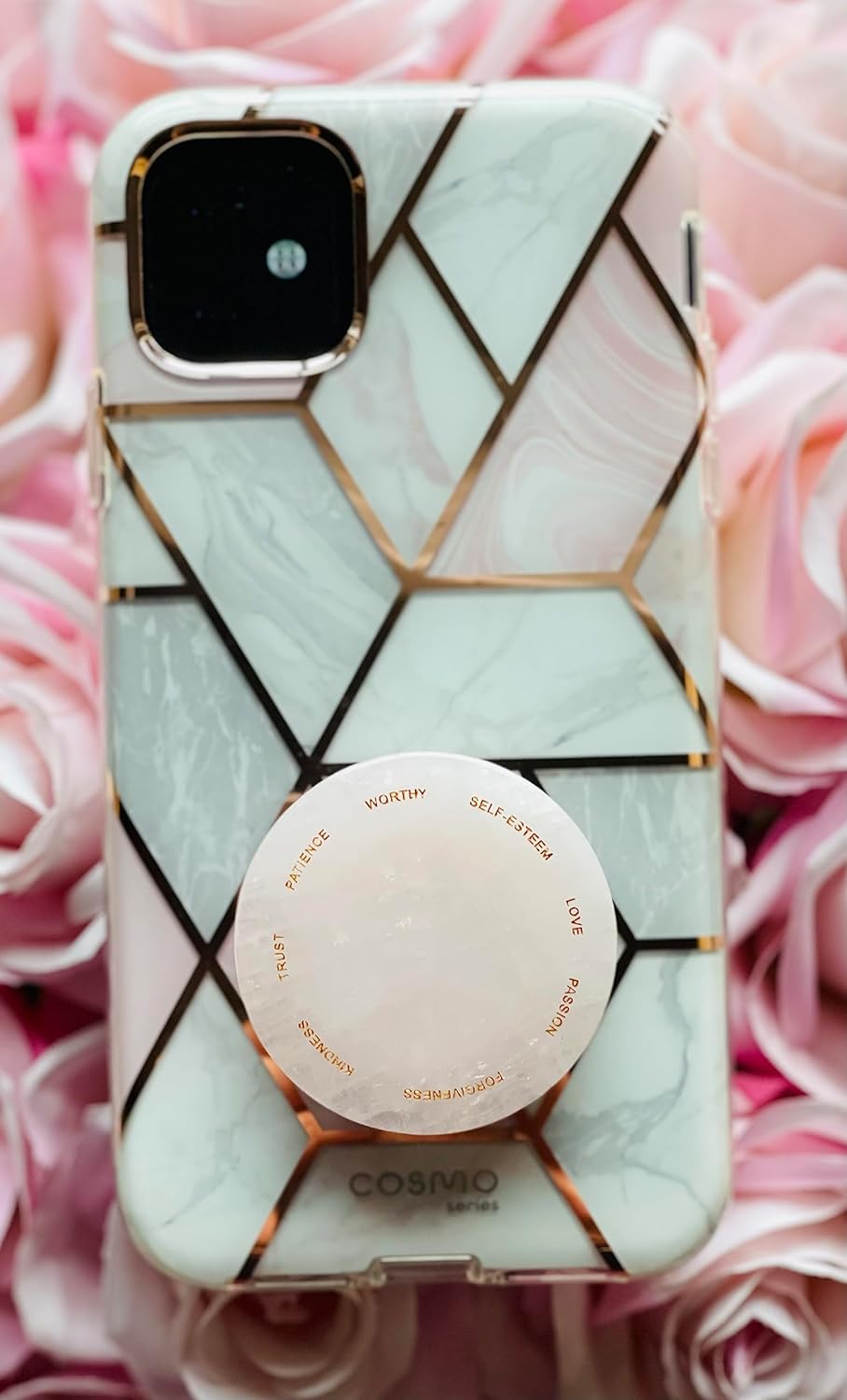 Gratitude Grips by CRYSTALFY Rose Quartz Attract Love Crystal Phone Grip Holder & Expanding Kickstand - Natural Gemstone Swappable Top Accessory for iPhone, iPad, Kindle & Mobile Devices