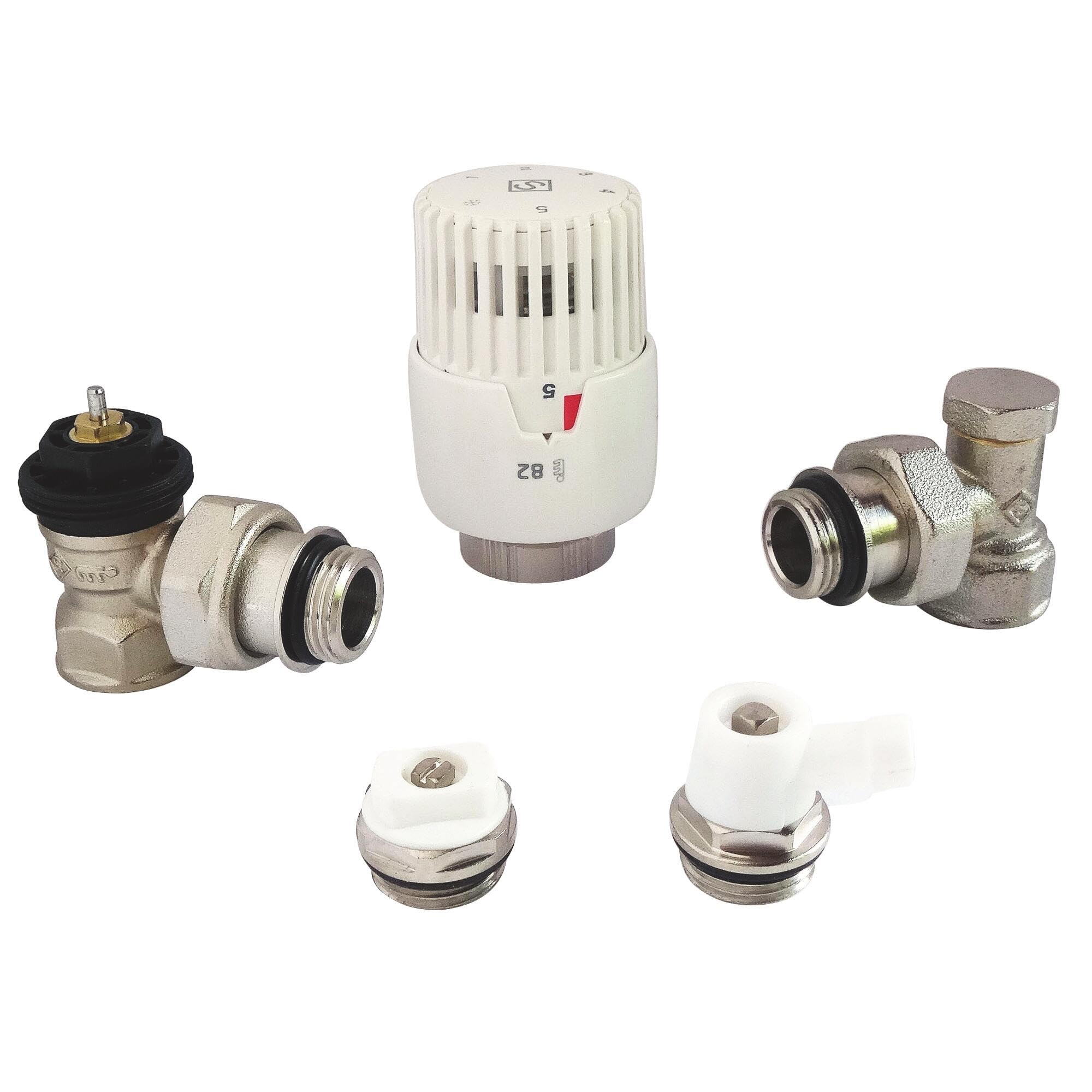 SOMATHERM FOR YOU, Kit Complet avec tête thermostatique à Dilatation de Liquide pour radiateurs 15/21, incluant Corps équerre, coude de réglage, purgeur d'air et Robinet