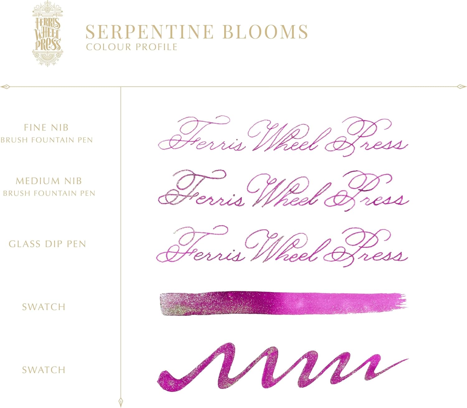 Ferris Wheel Press Ink, Everyday Ink Collection, Serpentine Blooms, Vibrant Orchid with duochrome Pink/Green Shimmer, 38ml Fountain Pen Ink Bottle