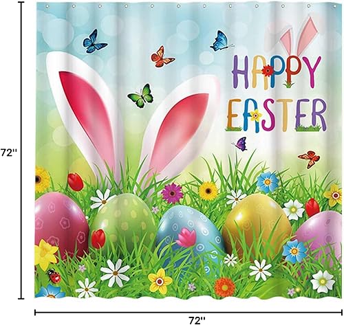 Miniatura 6 de Allenjoy Cortina de ducha de Pascua de 72 x 72 pulgadas, diseño de orejas de conejo divertidas de dibujos animados, jardín de primavera, huevos