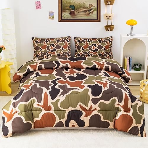 Duck Camo Bedding Set Twin Size for Boys,Green Camouflage Comforter