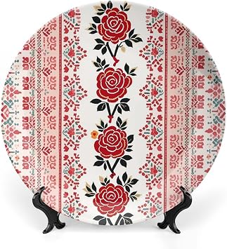 Bone China Decorative Plate Ukrainian Embroidery Style Rose Ceramic Dinner Plates with Display Stand Ceramic Ornaments Art Porcelain Plate for Home Office Wall Decor Collections Plate 7inch