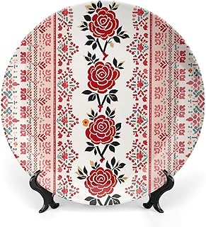 Bone China Decorative Plate Ukrainian Embroidery Style Rose Ceramic Dinner Plates with Display Stand Ceramic Ornaments Art Porcelain Plate for Home Office Wall Decor Collections Plate 10inch