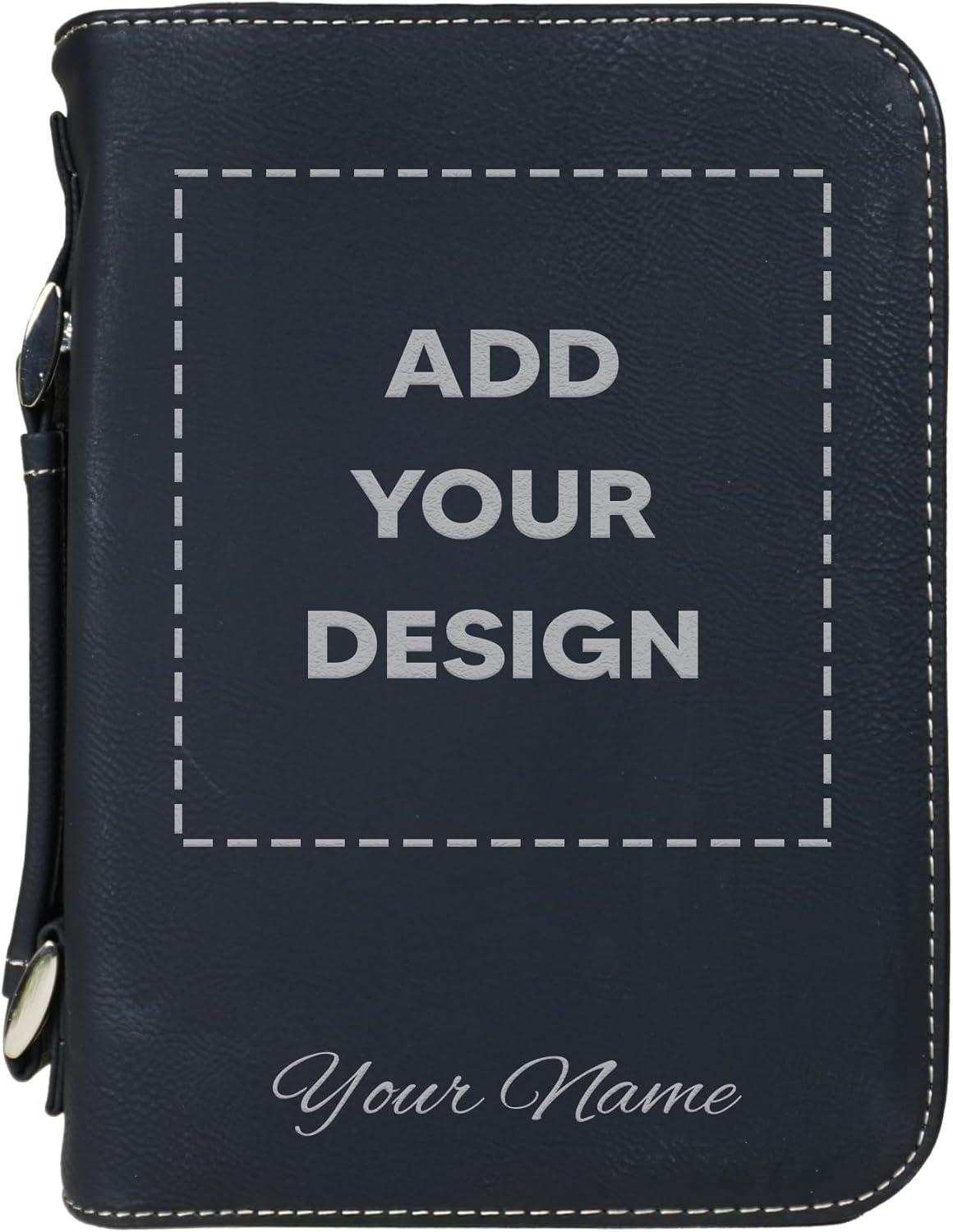 Vegan Leather Scripture Journal Case – Personalized Bible Cover with Handle, Pen Holder & Pocket – Christian Gift, Fits Large Bibles, Black-Silver