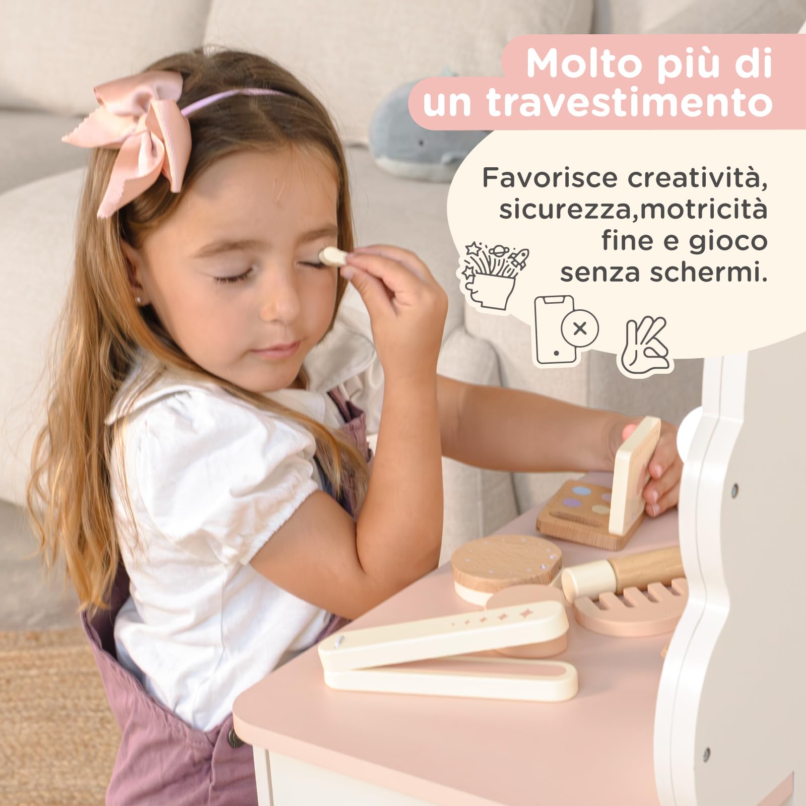 Nene Toys Toeletta Trucco Bambina con Specchio Illuminato e Sgabello, Specchiera Trucco Bambina in Legno, Postazione Trucco con 3 Modalità di Luce, Cassetto, Accessori, Regalo 3+ Anni