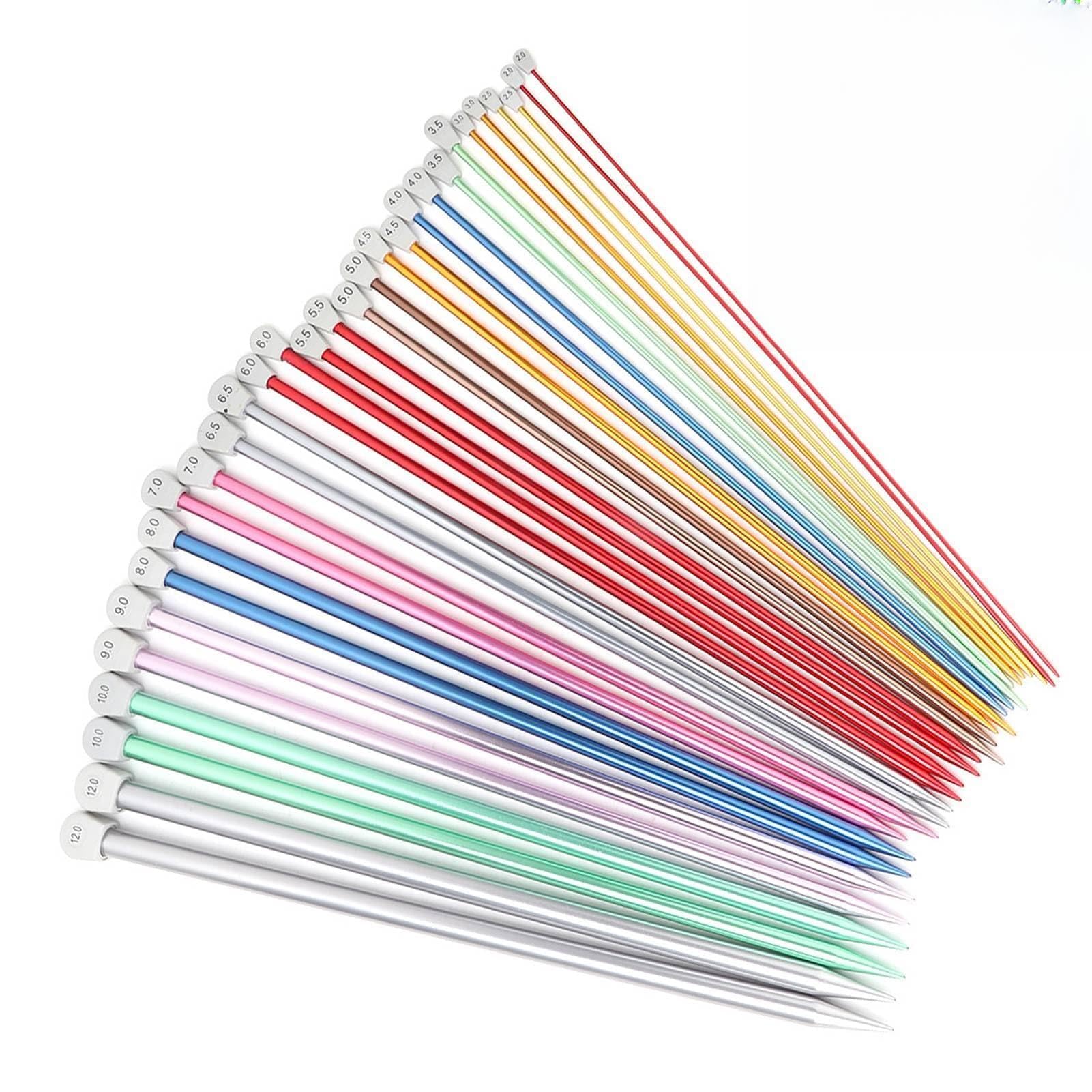 Juego de 15 pares de agujas de tejer de aluminio rectas, kit de una punta para principiantes, grosores de 2 mm a 12 mm para bricolaje (35 cm)
