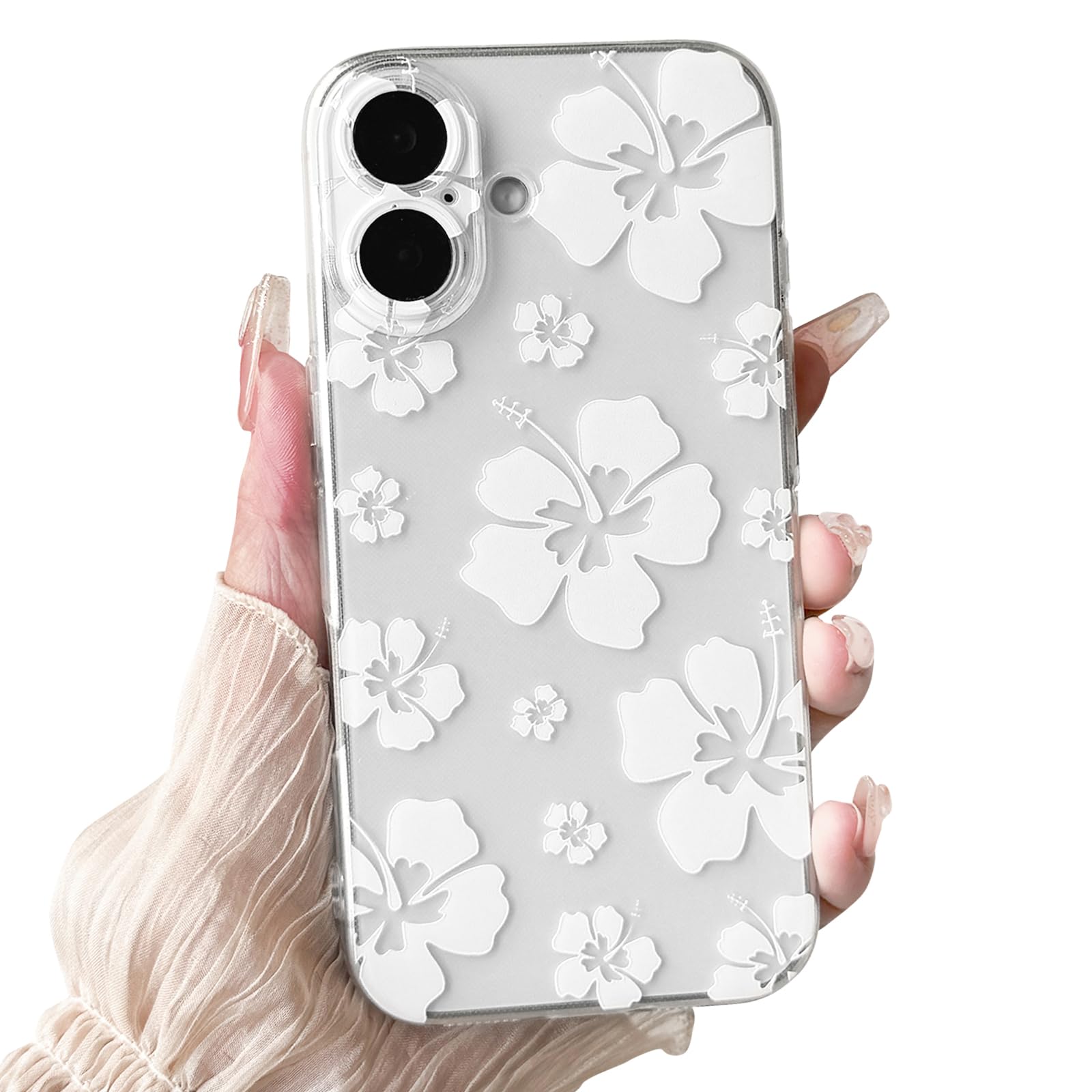 Lovmooful Compatible for iPhone 16 Case Cute Clear Hibiscus Flower Floral Aesthetic Printed Design for Girls Women Soft TPU Shockproof Protective