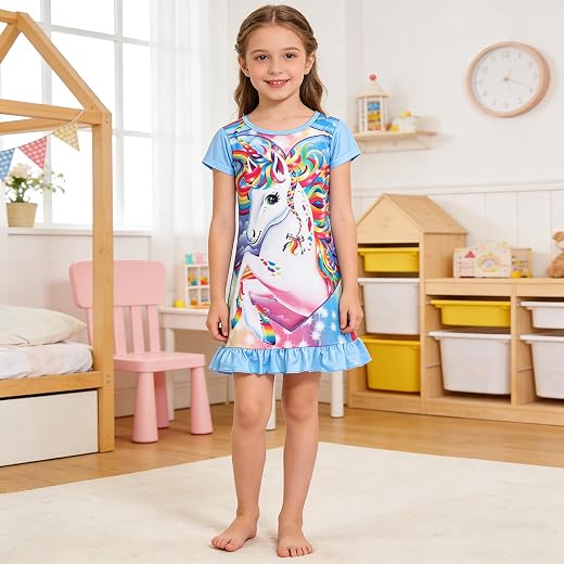 Vestido infantil com estampa de unicórnio, manga esvoaçante, casual, para meninas, verão, saia de unicórnio, roupa para presente de festa
