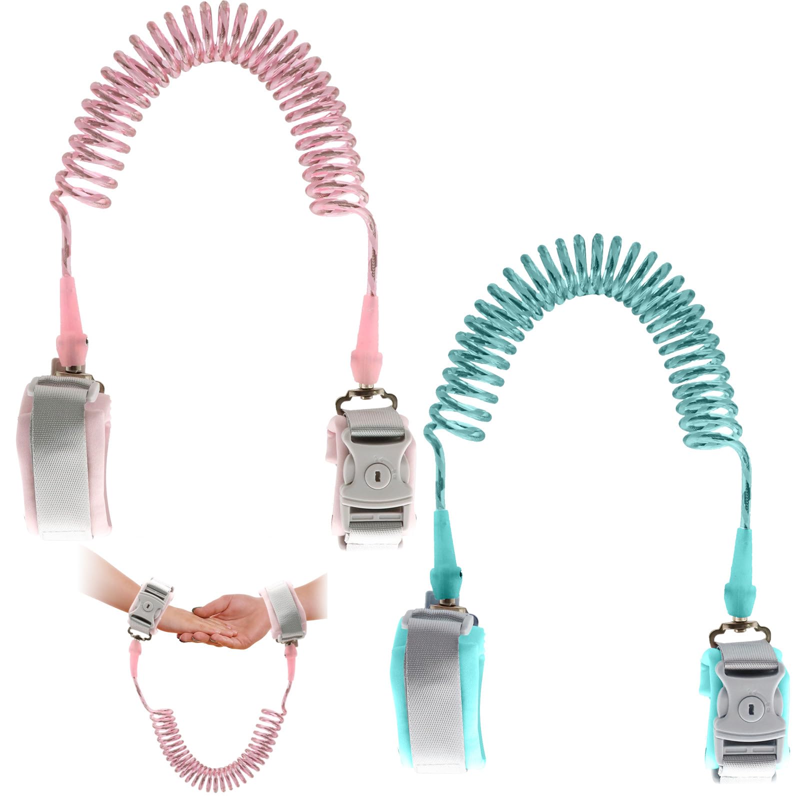 VEGCOO 2 Pcs Laisse Enfant Anti-Perte, 2,5m Harnais Enfant Rotation 360° avec Serrure à Clé, Bracelet Securite Enfant Réfléchissante en Silicone pour l'Extérieur, Supermarché, Voyages (Rose et Vert)