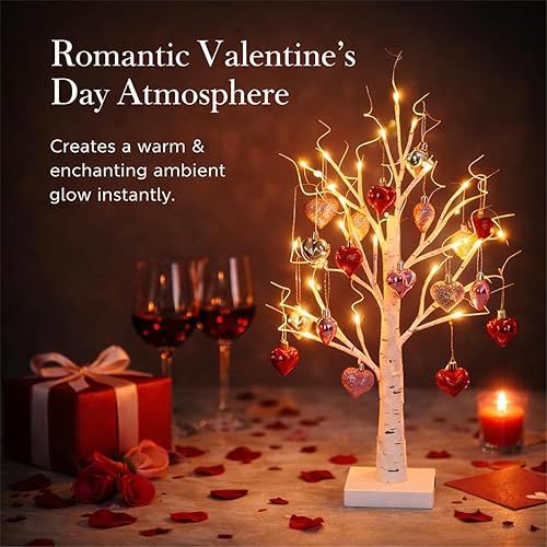 Miniatura 3 de Lámpara romántica de abedul en forma de corazón, árbol de abedul blanco iluminado con 24 luces LED y 18 corazones colgantes, decoración de mesa a