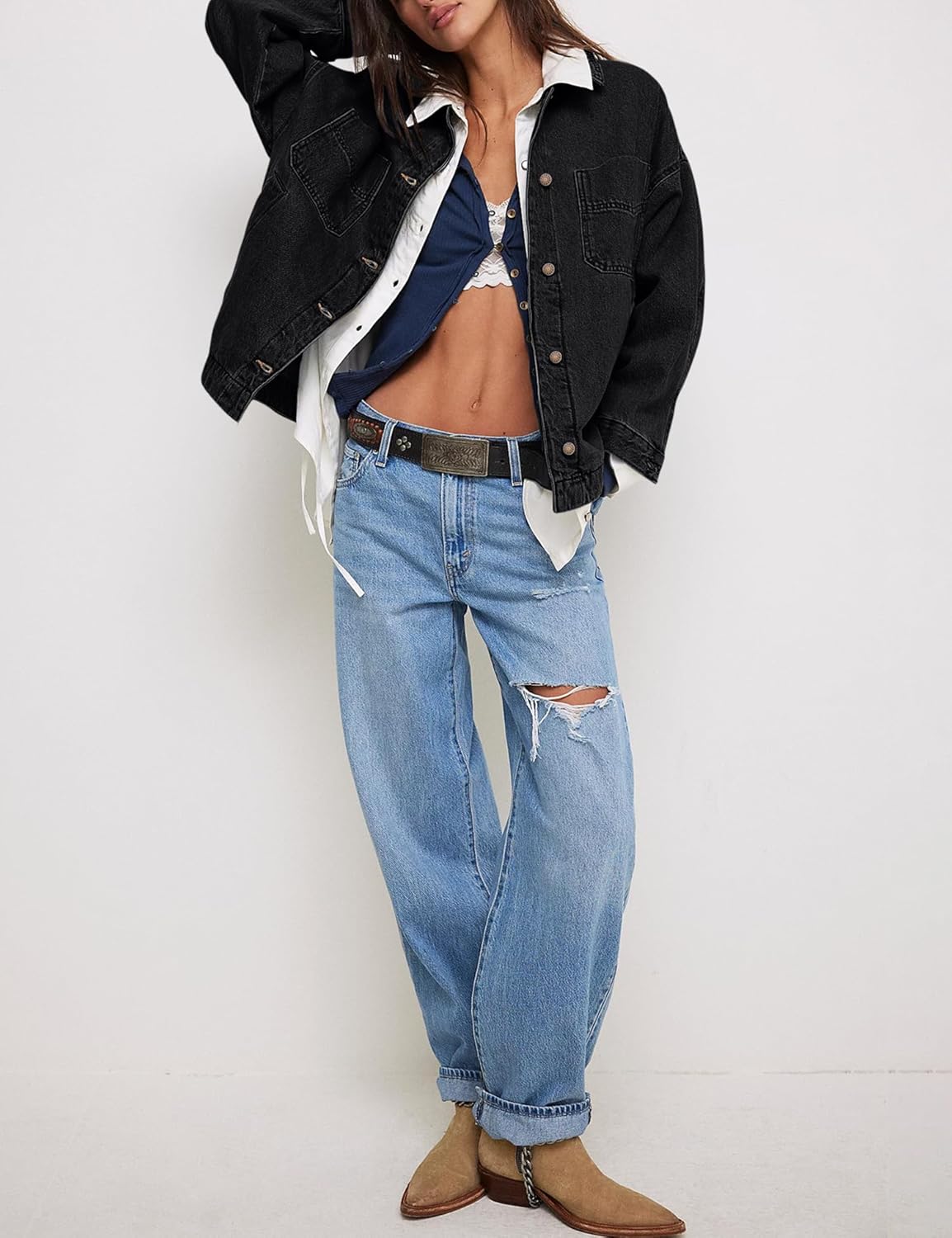 Jean Jacket for Women Oversized Shacket Denim Jacket Trendy Fall Outfits 2025 Split Button Down Boyfriend Shirts - Image 5