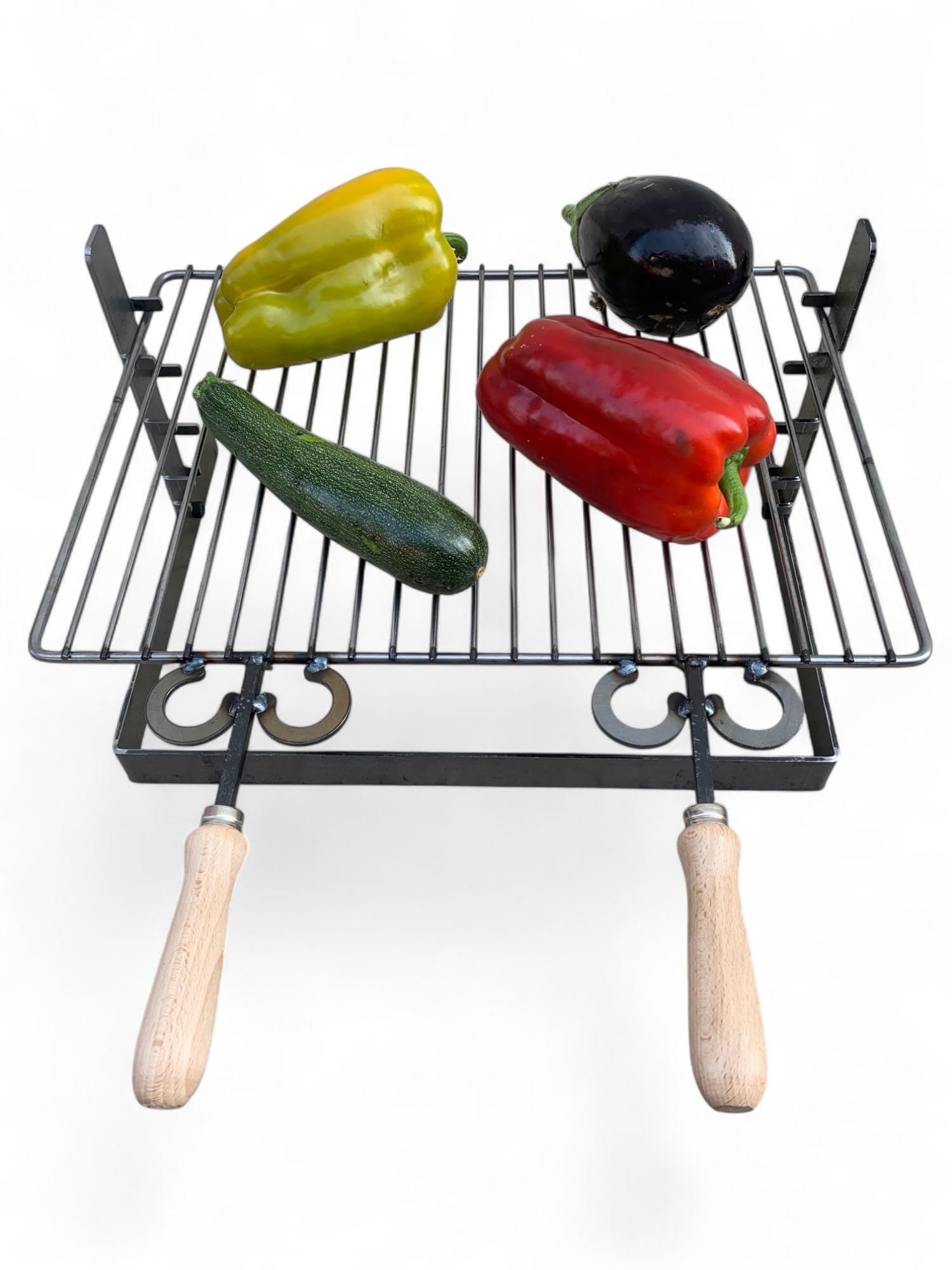 Griglia in ferro regolabile su più altezze, bistecchiera con manici in legno, per barbecue e camino per carne pesce verdure (50x36 cm)