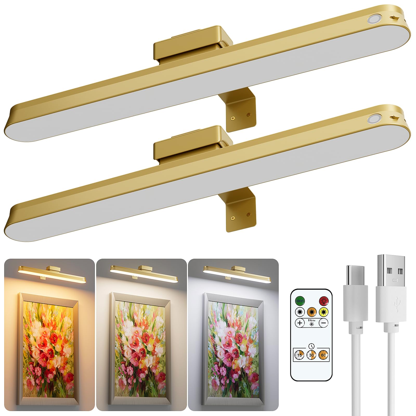 Picture Lights for Wall Battery Operated, 2-Pack 16in Magnetic Rechargeable Picture Light with Remote, Dimmable, Timer Painting Light,Art Display Light for Picture Frame Artworking Portrait, Gold