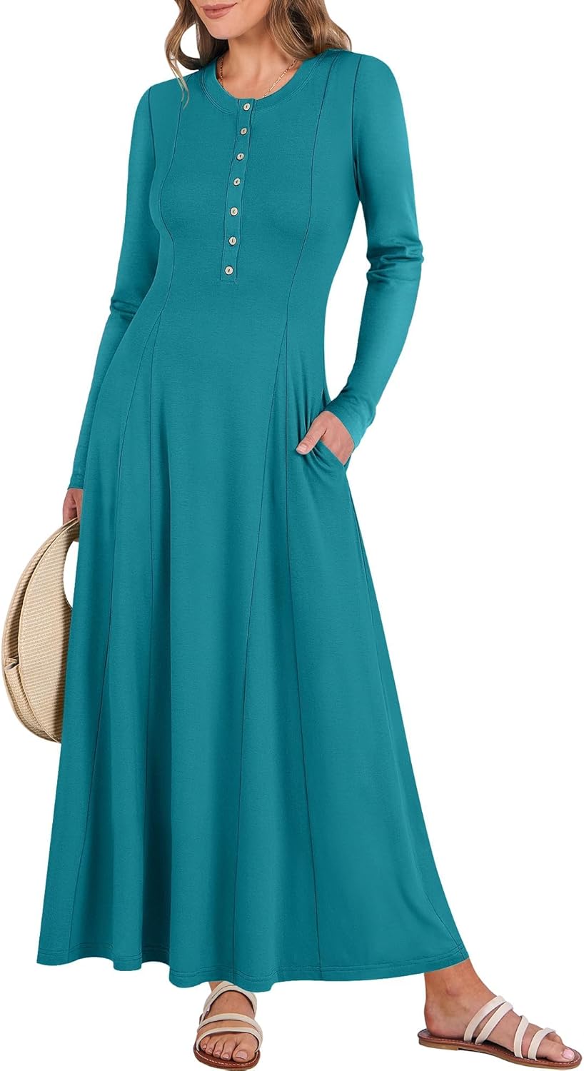 ANRABESS Women's Long Sleeve Maxi Dress 2025 Fall Casual Button Fit & Flare A-Line Swing Flowy Long Dresses Trendy Outfits