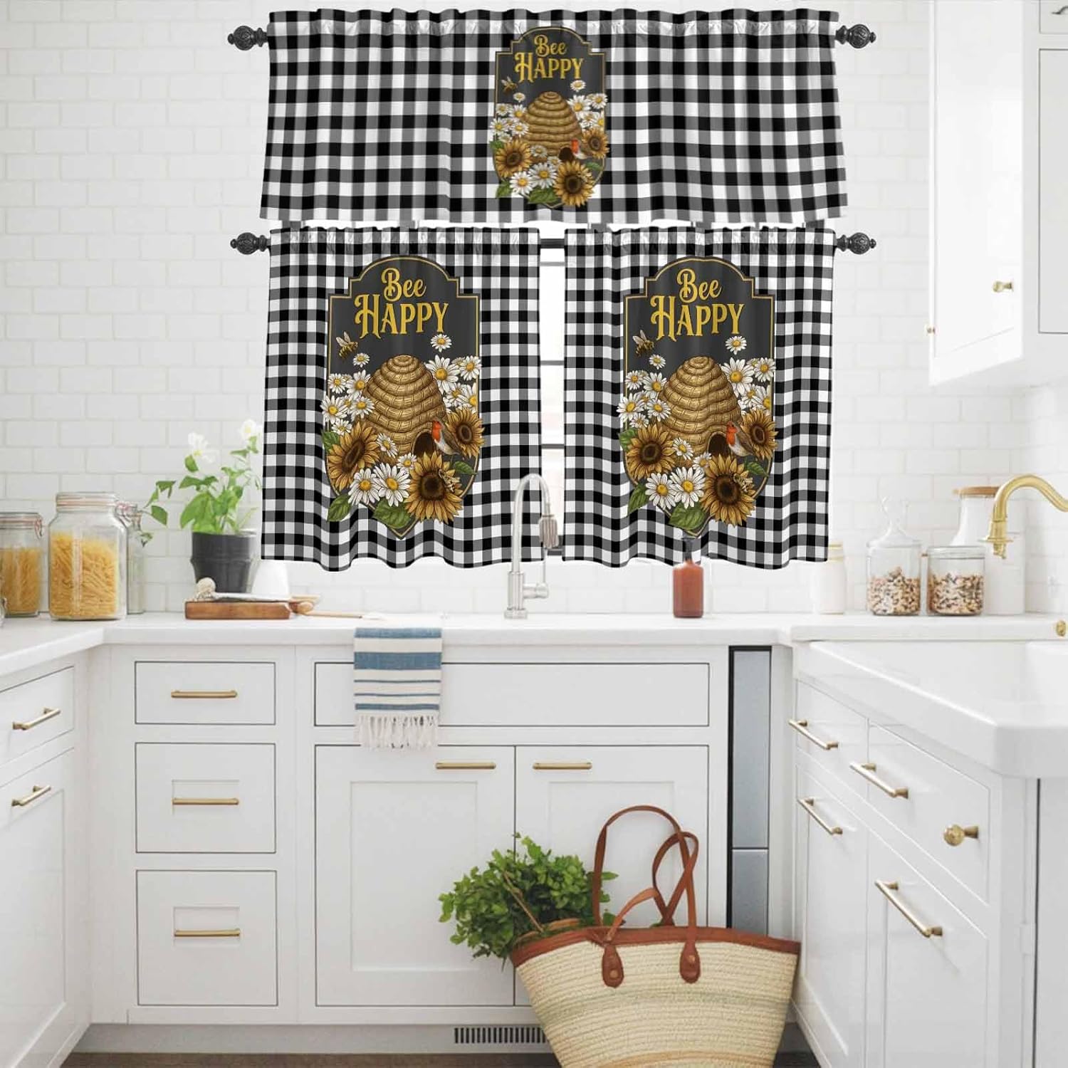 Happy Bee Kitchen Curtains and Valance Set, Farmhouse Window Curtain Valance 54''x18'', Summer Daisy Bird Buffalo Plaid Small Short Half Tier Curtains for Bathroom Cafe 27.5x36Inch x2 Panels