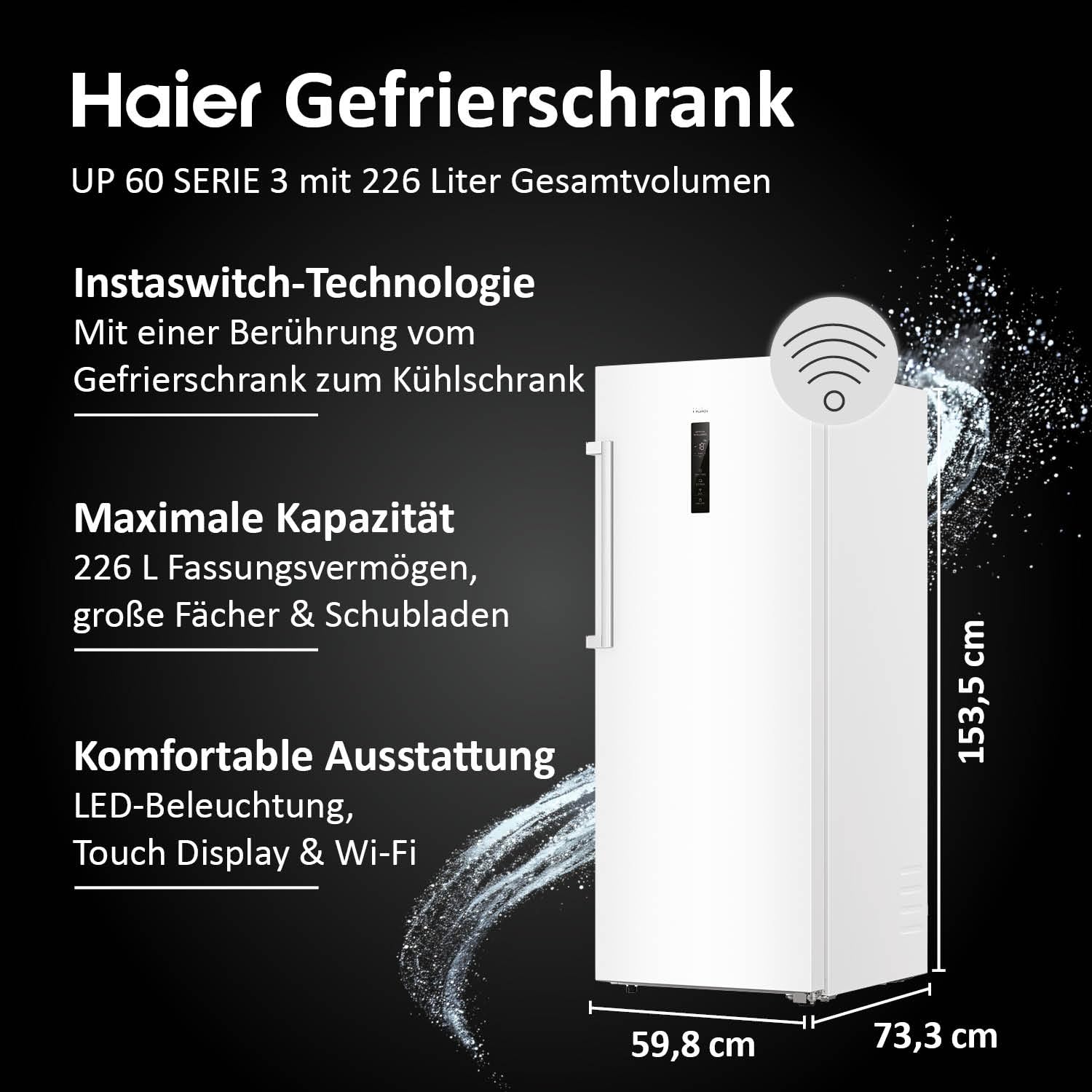Haier Gefrierschrank mit Abtauautomatik Up 60 SERIE 3 H4F226WEH1 I Total No Frost Tiefkühlschrank, 226 L Kapazität I Eisschrank auch als Kühlschrank nutzbar I Freezer mit Wi-Fi, Touchscreen