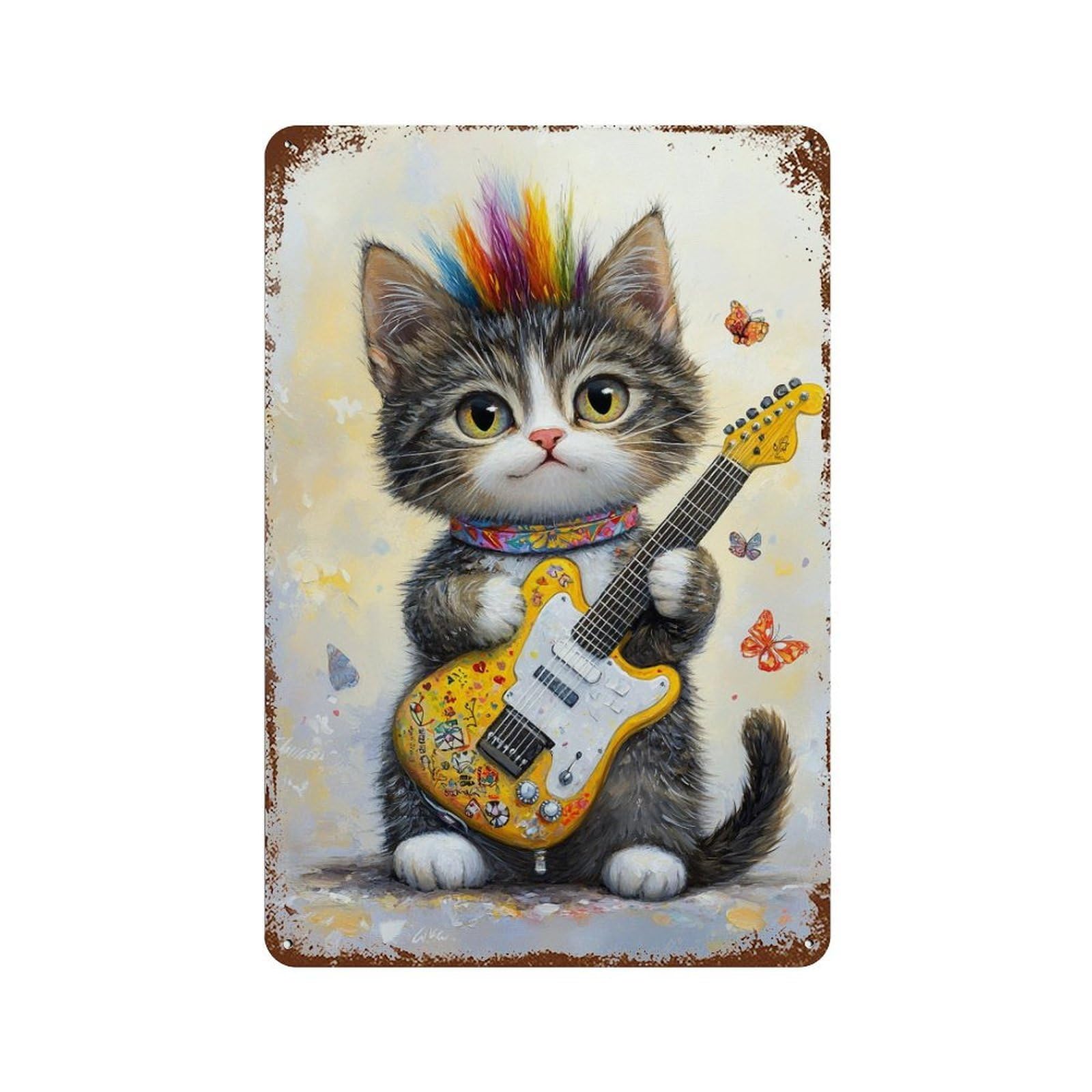 Decorative Tin Sign with Colorful Kitten with Guitar Design 11.8"x7.9", for Basement, Hobby Room And Garage Decor, Farmhouse Wall Decor
