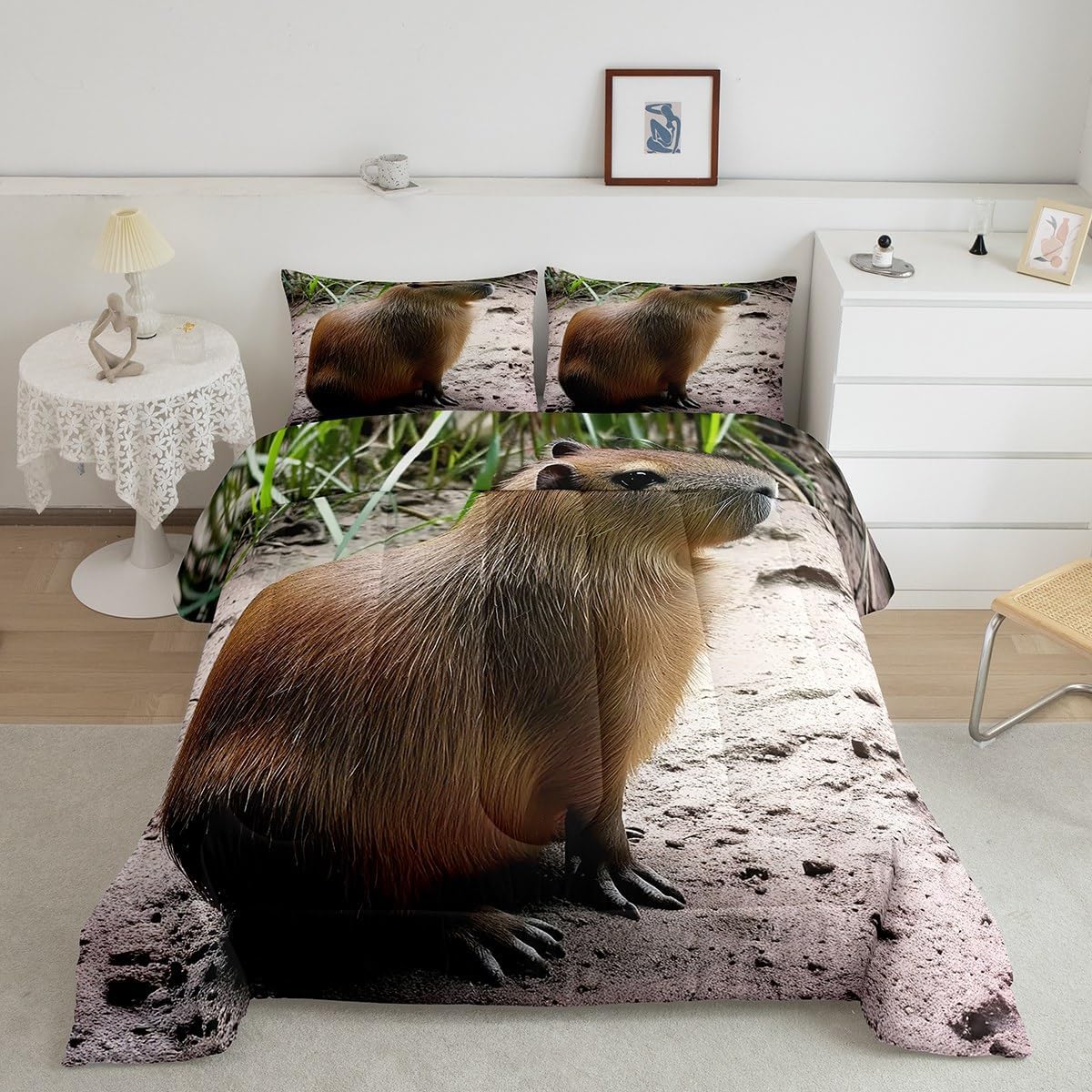3D Capybara Comforter Set Twin Size, Cute Capybara Bedding Comforter Sets for Capybara Lovers, Kawaii Mouse Capybara Down Comforter, Natural Theme Quilted Duvet with 1 Pillowcase Bedroom Decor